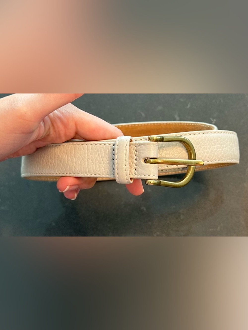 L.L. Bean Cream Leather Belt with Brass Buckle
